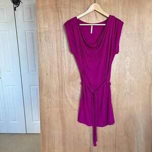 Estam Magenta Pink Cowl Neck Belted Tie Waist Cotton Blend Knit Dress Small S